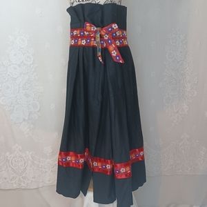 Vintage Handmade Black Red Floral Ribbon Trim Paperbag Waist Midi Folk Skirt L